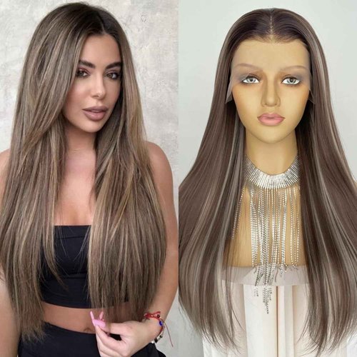 CIMITIKI Ash Brown Flaxen Color Wigs Highlight Blonde Hair 13x4 Lace Front Wig Long Silk Straight Synthetic Fiber 22Inch for Women