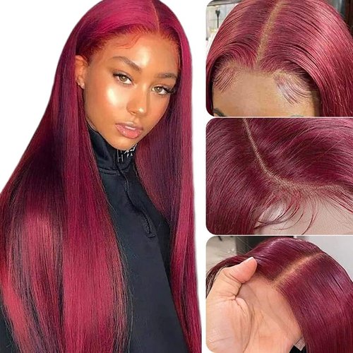 Azkiu 32 Inch 99J Burgundy Lace Front Wigs Human Hair 13x4 Straight Lace Frontal Wigs Human Hair Pre Plucked Wine Red Colored Straight Wig Human Hair Red Wig for Women 150% Density