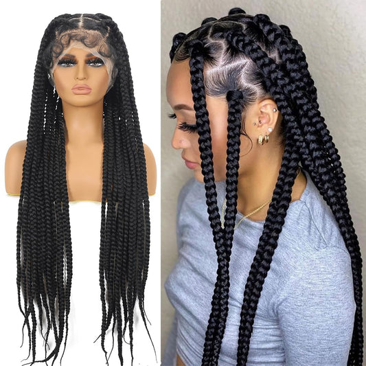 360 Full Lace Jumbo Braided Wigs for Black Women 32inch Knotless Braids Glueless Wigs No Cornrow Long Jumbo Box Braided Wig With Baby Hair (1B, 32inch)