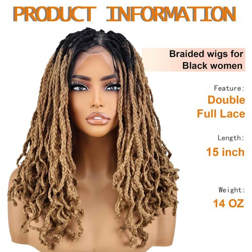 YOKABOOM Ombre Honey Blonde Braided Wigs Full Lace with Baby Hair Box Braids Wig for Black Women with Babyhair 360 Double Lace Natural Wavy Pre Braided with Square Design Black Root 16 inch