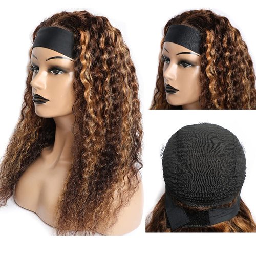 28 Inch P4/30 Chocolate Brown Headband Wig Human Hair 150% Density Grade 8A Unprocessed Brazilian Virgin Hairs Machine Made Highlight Brown Deep Wave Headband Wig Human Hair None Lace Front Wig