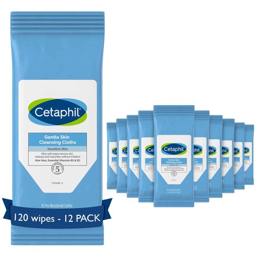 Cetaphil Face and Body Wipes, Gentle Skin Cleansing Cloths, 10 Count, Pack of 12, for Dry, Sensitive Skin, Flip Top Closure, Great for the Gym, Travel, in the Car, Hypoallergenic, Fragrance Free
