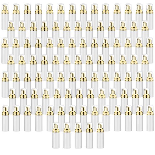 Lil Ray 100PCS White Foam Bottle with Gold Pump, Empty Travel Foaming Dispensers for Hand Soap,Lash Shampoo(2 Oz)