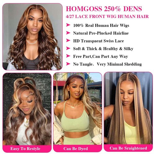 Homgoss P4/27 HD Lace Frontal Wig 13x6 Body Wave Glueless Wigs Human Hair 250% Density Highlight Ombre Full Lace Frontal Wigs Natural Hairline 100% Virgin Human Hair Lace Front Wigs for Women