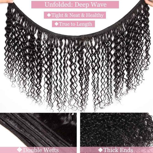 Deep Wave Human Hair Bundles, 18 20 22 Inch, 100% Unprocessed Brazilian Virgin Hair, Deep Curly, Natural Black, Wet And Wavy Bundles - 3 Pack, Style Keep Texture Silky Soft, Hair Extension