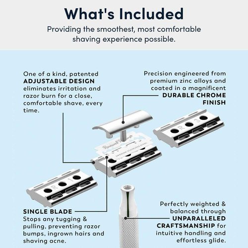 Rockwell 6C Shave Kit (White Chrome) | Includes Safety Razor with 6 Adjustable Settings, Shaving Cream, Synthetic Shave Brush, & 4 Month Supply Swedish Stainless Steel Razor (20 Blades), 4 Piece Set