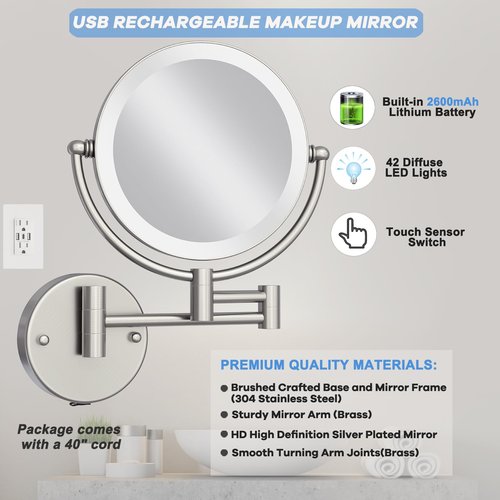 LEDOOLE Rechargeable Wall Mounted Lighted Makeup Vanity Mirror with Magnification, 8 Inch Double-Sided 10X Magnifying Bathroom Mirror, Light up Mirror Foldable, Vibrant Brushed Nickel