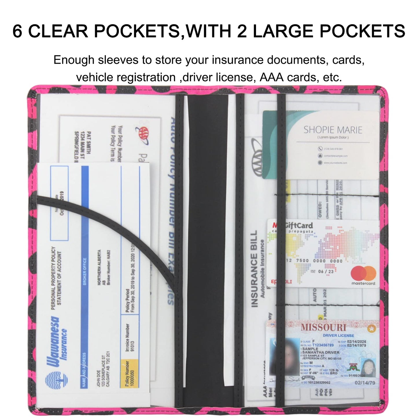 LumiMokki Premium Car Registration & Insurance Card Holder with Magnetic Shut, Vehicle Glove Box Car Organizer - For Documents, Cards, License (Leopard B)