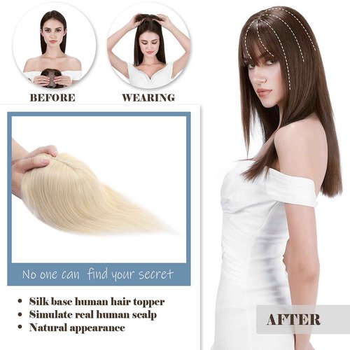 Hairro Real Hair Toppers With Bangs For Women Remy Clip In Topper Hairpiece Toupee For Thinning Hair 14 Inch 44g #60 Platinum Blonde