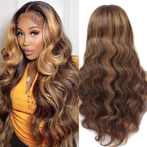 Yllies Honey Blonde Highlight Ombre Middle Part Lace Front Wigs Human Hair T Part HD Transparent Lace Body Wave Wigs 180% Density Brazilian Human Hair 4/27 Colored Glueless Wigs for Women(20 Inch)