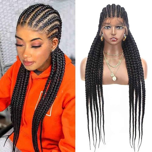 Alebery 36" Full Lace Braided Wigs for Black Women Jumbo Box Braids Lace Front Wig with Baby Hair Lightweight Synthetic Lace Frontal Black Cornrow Twisted Wigs (Black)