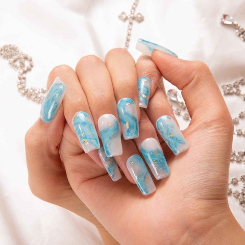 LOVFUL Press on Nails Blue Bay Wave French Tip | Handmade with Full Covered Crystals | Reusable Fake Nails | Square Regular 1.0 in | H63-S
