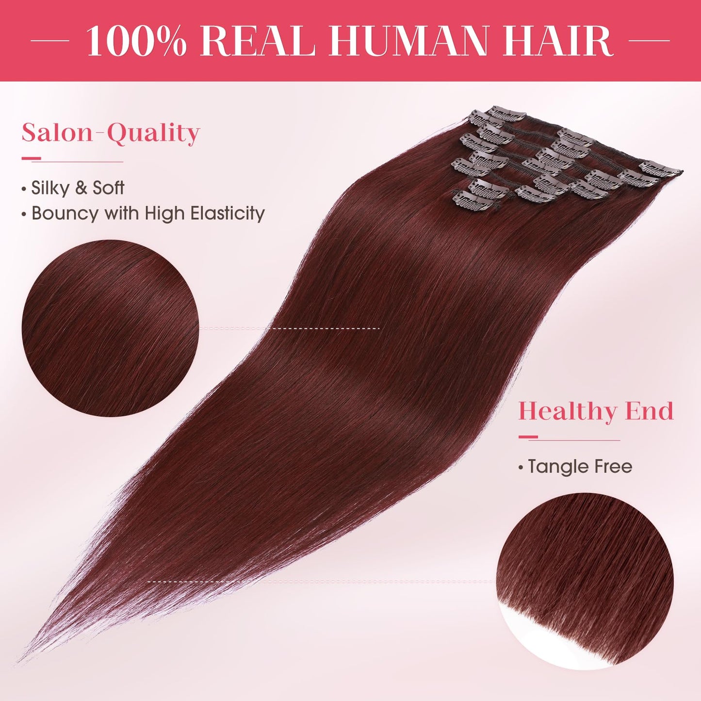 MY-LADY Clip In Hair Extensions Real Human Hair 20 Inch 8pcs Remy Real Hair Extension Clip ins #99J Burgundy Wine Red 105g Silky Straight Full Head Soft Natural Extension