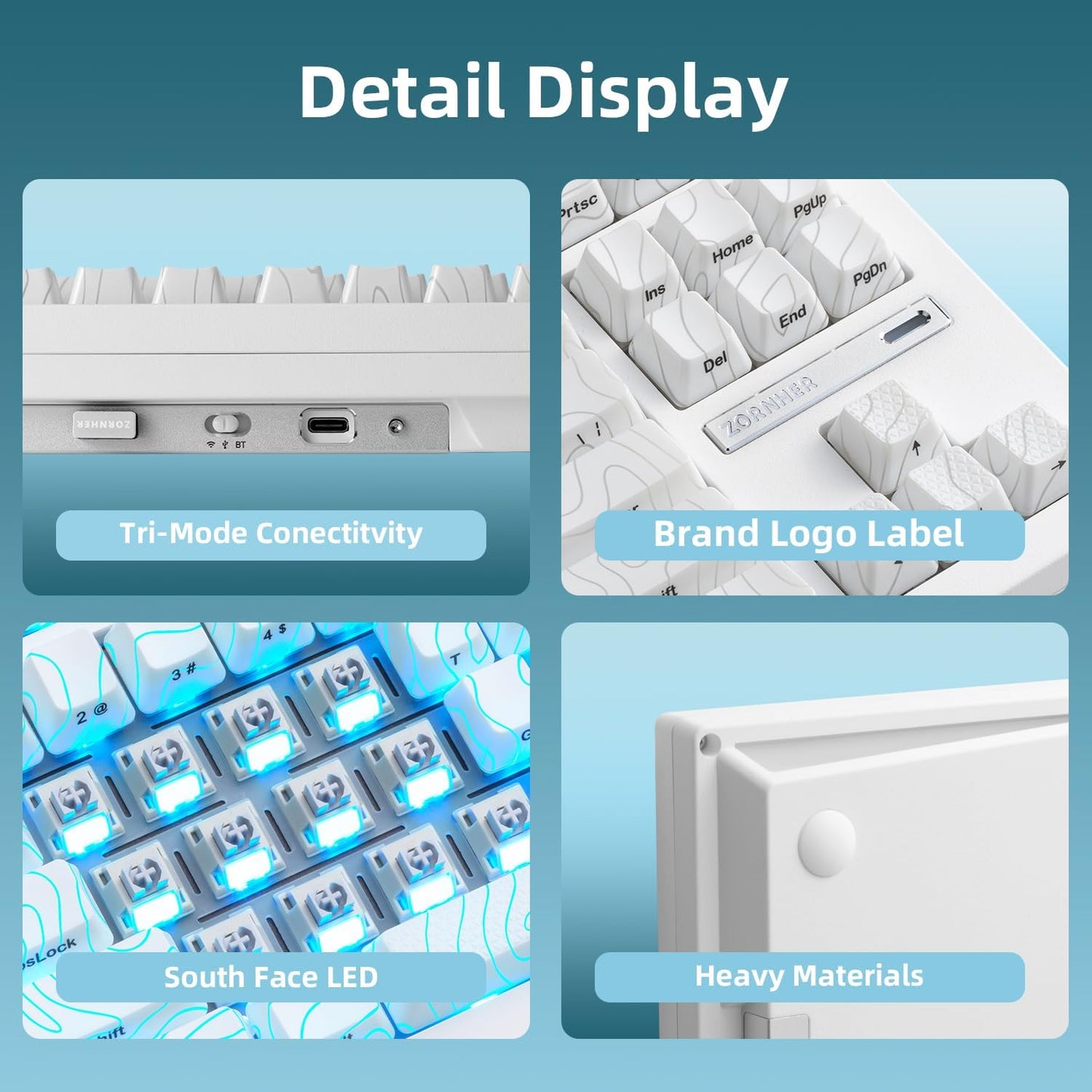 ZORNHER ZH870 Wireless Mechanical Gaming Keyboard,80% White Custom Creamy Sound Keyboard with White Spider Web IMD PC Keycaps,Pre-lubed Linear Switches,Hot-Swappable,RGB Backlit