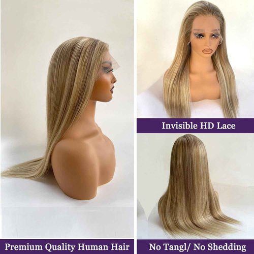 Ash Blonde Highlights Wig Ash Brown Rooted Balayage Ash Blonde Highlighted Lace Front Wigs Human Hair Pre Plucked 13x4 HD Lace Frontal Human Hair 16 Inch 180% Density Highlights Wigs for White Women