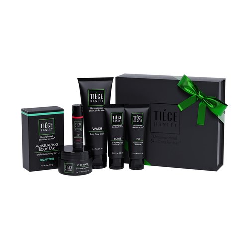 Tiege Hanley Skin Care Gift Box for Men, Silver Gifting Skincare Set With Daily Face Wash, Exfoliating Scrub, AM & PM Moisturizer, Clay Mask, Lip Balm, & Body Bar Soap, Men’s Skin Care, 6 Piece Set