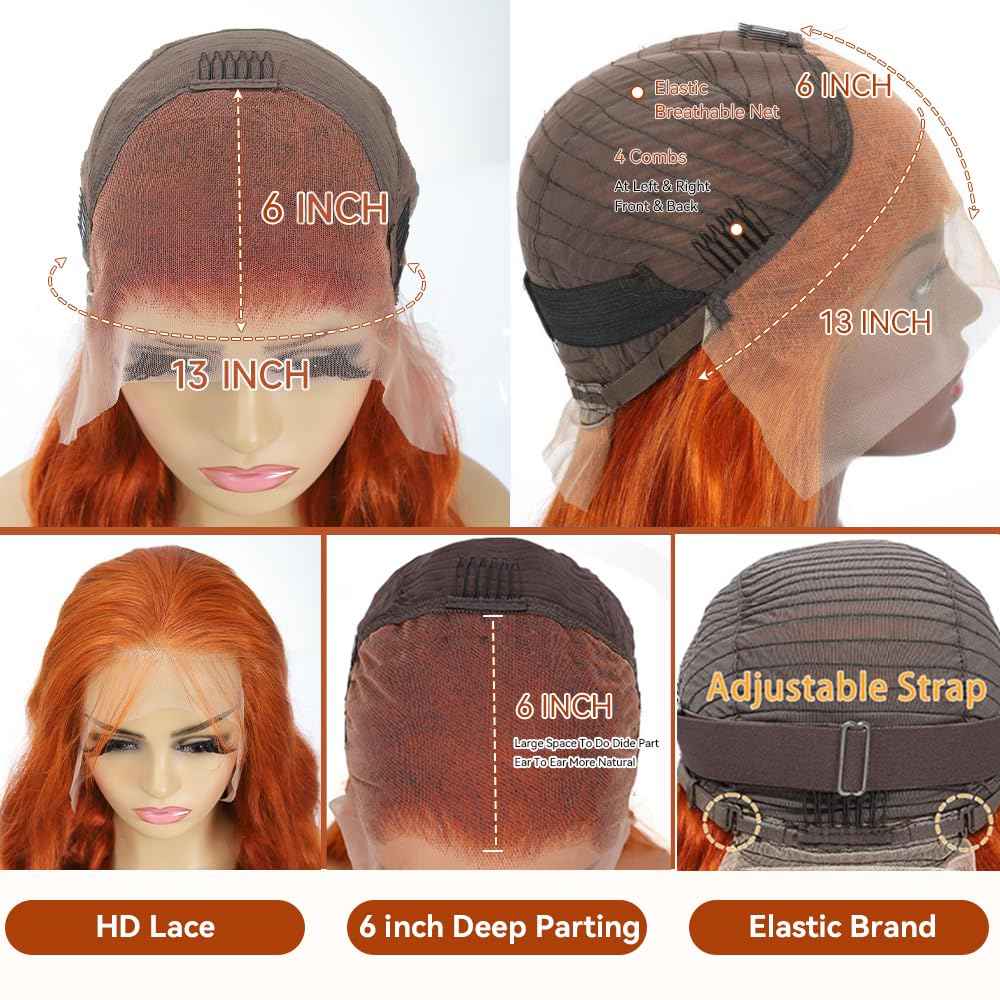 Ginger Wig Human Hair 13x6 Ginger Lace Front Wigs Human Hair 28inch Body Wave HD Lace Frontal Pre Plucked Colored Orange Wig for Women Glueless Wigs 200 Density