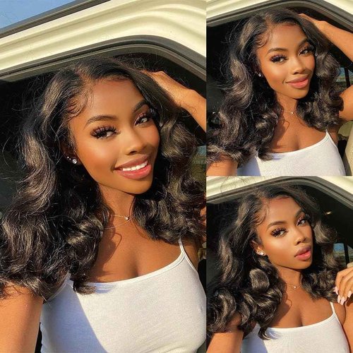 Caijuxing Lace Front Wigs Human Hai 13x6 Body Wave Lace Front Wigs for Black Women 200% Density Body Wave Bob Wigs Human Hair Pre Plucked Natural Color (14 Inch)