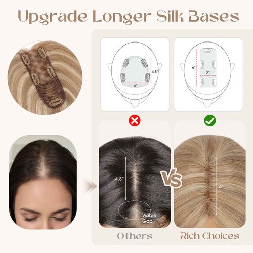 Rich Choices Hair Toppers for Women Real Human Hair 100% Human Remy Toppers for Women with Thinning Clip in NO Bangs Lace Base 150% Density 08 Inch #12P613 Golden Brown Highlight Bleach Blonde