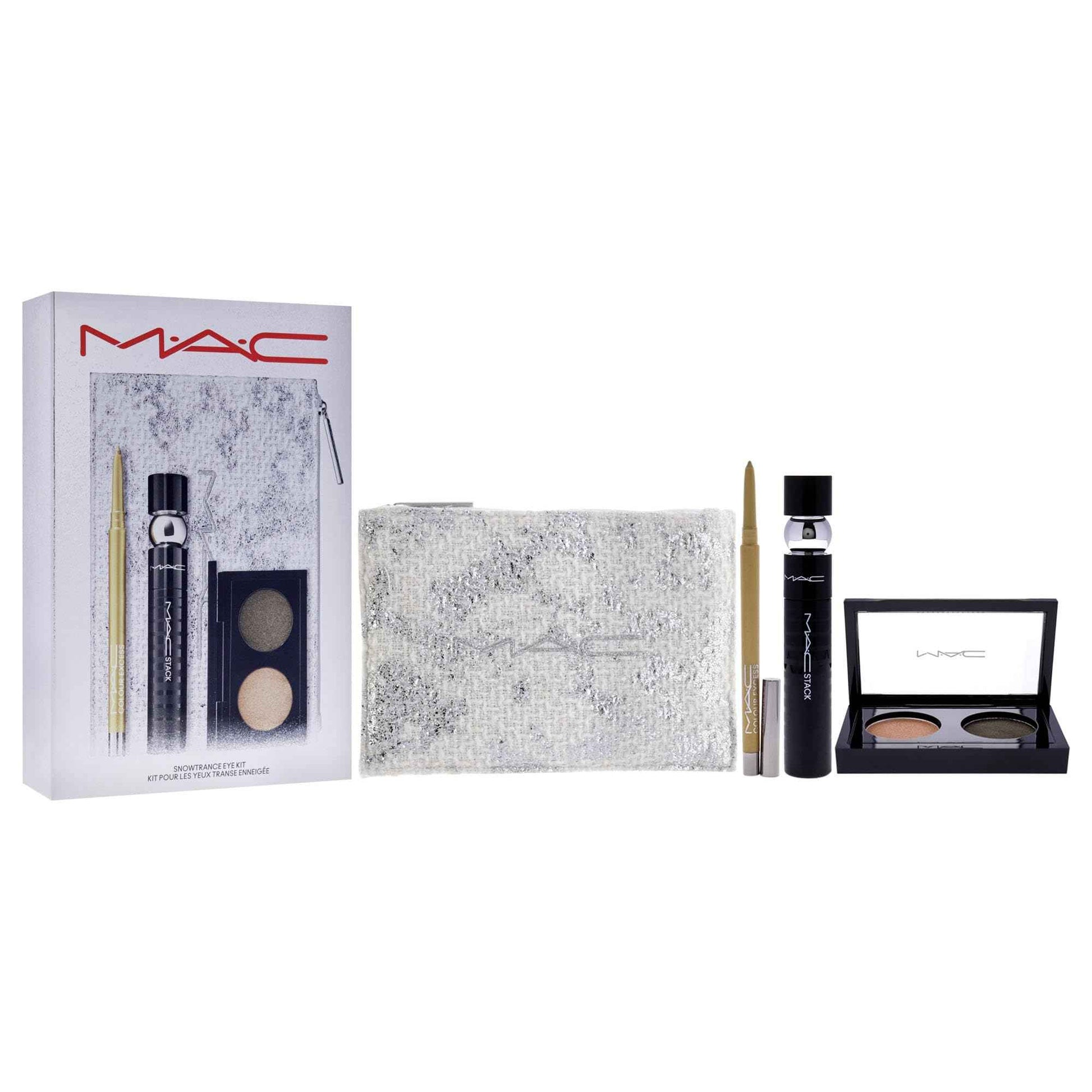 MAC Snowtrance Eye Kit for Women - 4 Pc 0.1oz Eye Shadow Duo, 0.41oz M-A-C Stack Mascara - Black, 0.01oz M-A-C Colour Excess Gel Pencil Eye Liner - Gold Goals, Pouch
