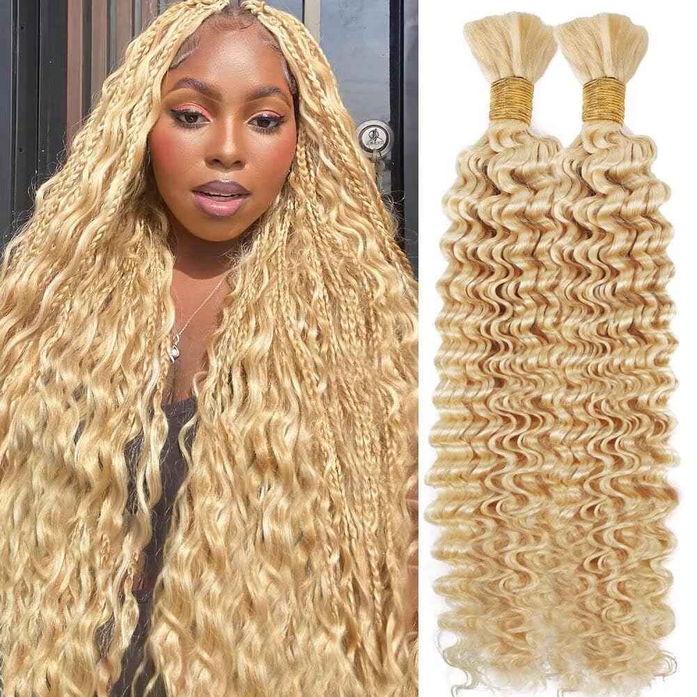Human Braiding Hair for Boho Braids 100g 20 Inch 613 Blonde Brown Curly Boho Hair for Braiding Knotless 12A Deep Wave Bulk Bohemian 2 Bundles/Pack Color 613