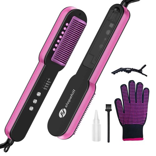 slopehill Steam Hair Straightener Brush – Ionic Steam Straightening Brush for Smooth, Frizz-Free Hair, Fast Heating, 4 Adjustable Temperature, Anti-Scald Design