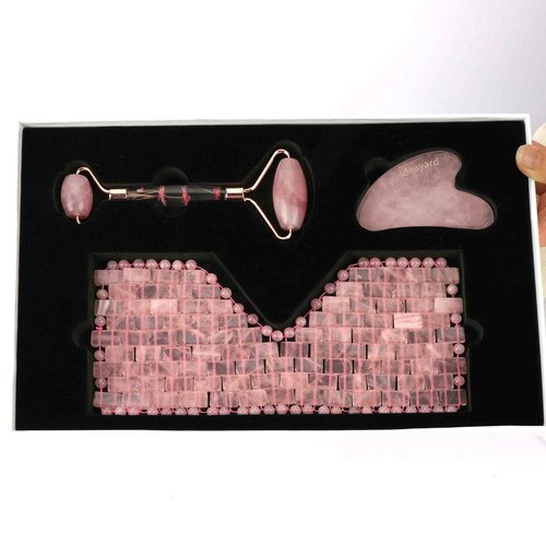 ideayard Rose Quartz Eye Mask & Face Roller and Gua Sha 3-in-1, Real Natural AAA Rose Quartz for Skin Care SPA Facial