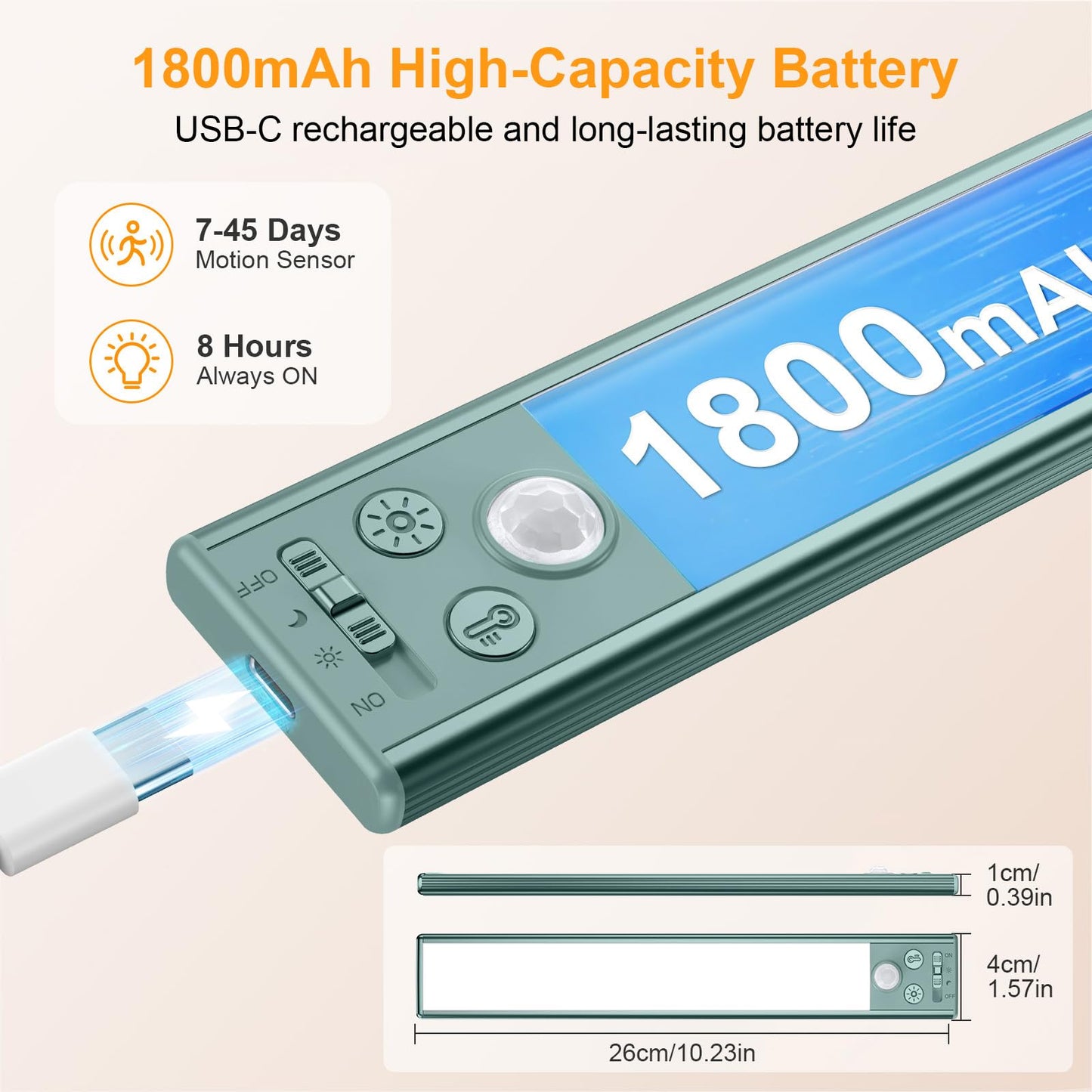 Gritin 10.2inch Under Cabinet Lighting Rechargeable -84 LED Super Bright,3-Color& 5 Level Brightness,4 Modes,Motion Sensor, Long Lasting- Easy Installation Magnetic Closet Lights -2 Pack-Green