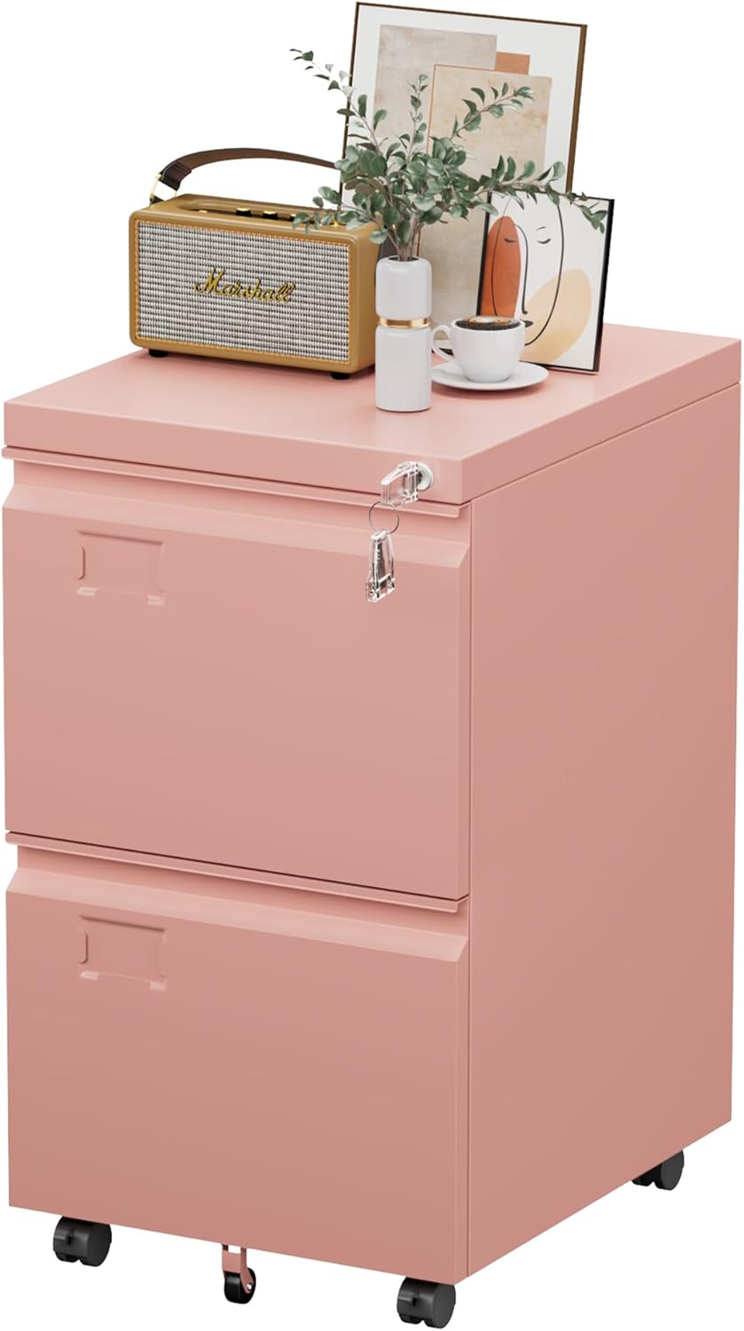2-Drawer Mobile File Cabinet with Lock - Pink
