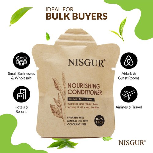 NISGUR Conditioner Bulk 0.75 oz 200 Pack No PlasticHotel Conditioner Paper Pouch Travel Size Aloe and Green Tea Extract Infused