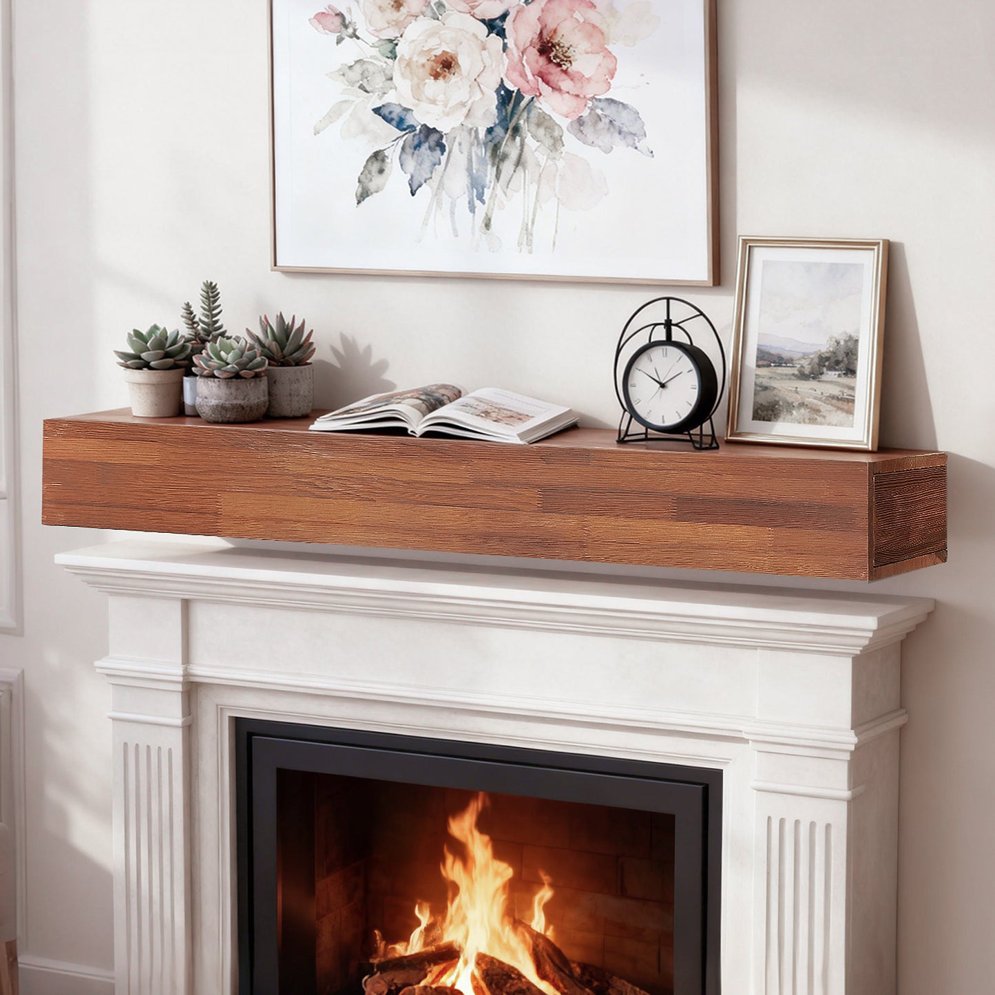 60 Rustic Wood Fireplace Mantel, Wall-Mounted & Floating Shelf For
