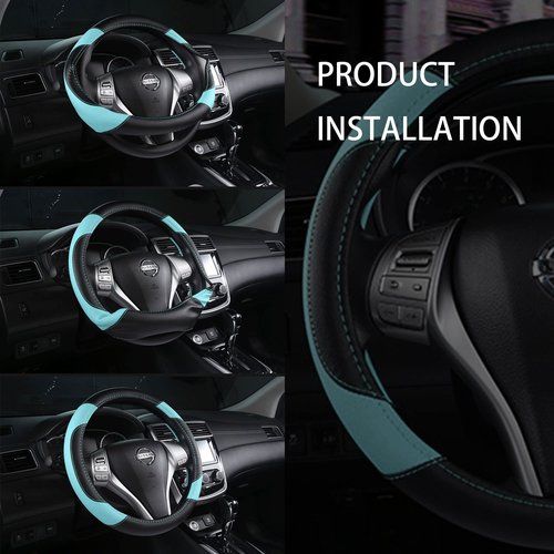 Leather Car Steering Wheel Cover, Non-Slip Car Wheel Cover Protector Breathable Microfiber Leather Universal Fit for Most Cars (Blue)