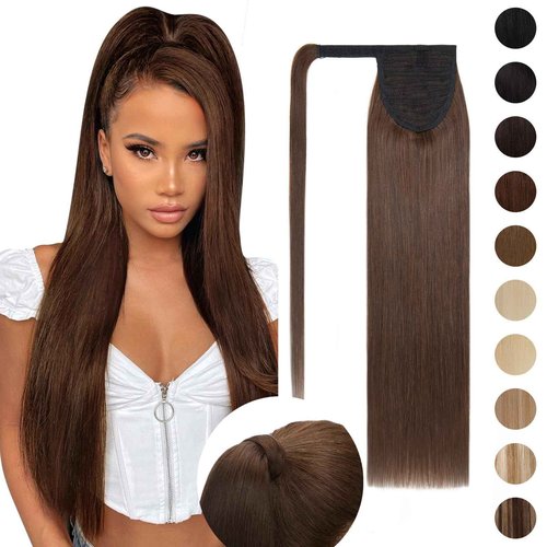 S-noilite Wrap Around Ponytail Extension Human Hair #4 Medium Brown Ponytail Extensions Real Remy Hair 22inch Long Straight Clip in Human Hair Ponytail 95Grams