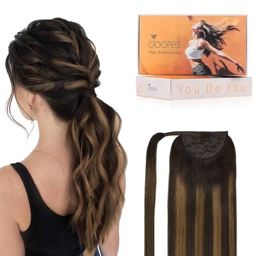 DOORES Hair Extensions Ponytail Extensions Human Hair Balayage Dark Brown to Chestnut Brown 18 Inch 80g Wrap Around Ponytail Remy Hair Extensions Clip in Straight with Magic Paste Heat Resistant