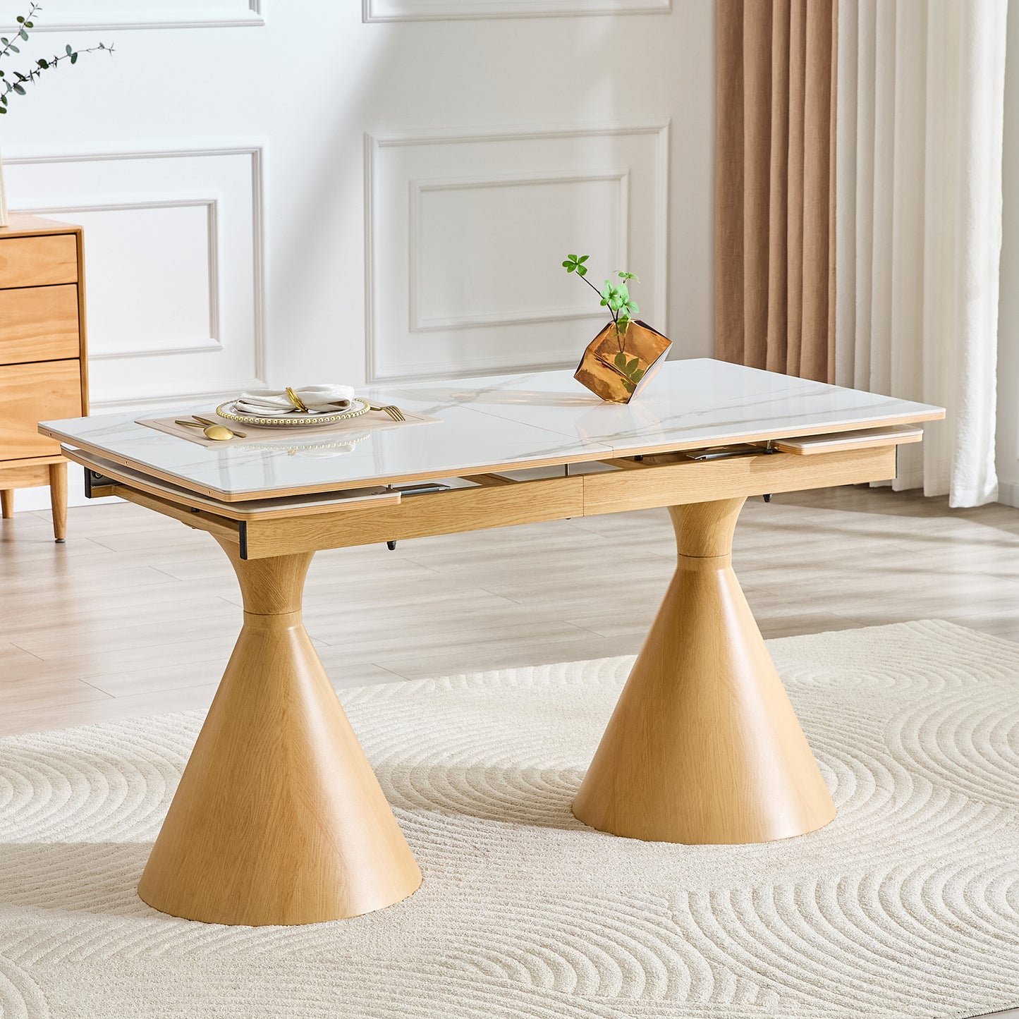 Extendable White Marble-Top Dining Table with Metal Legs