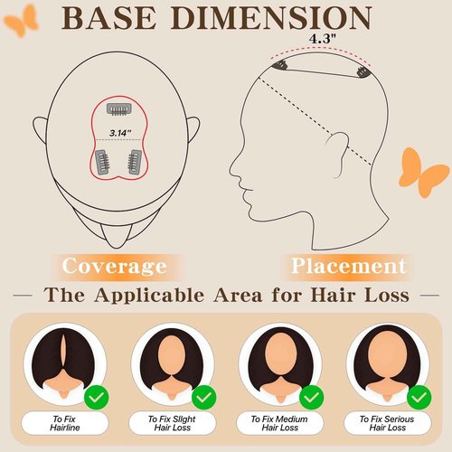 TESSHAIR Human Hair topper for Women, 3D Cover Clip in Bangs, Hair Toppers with Side Bangs,11 inch, #2 Dark Brown