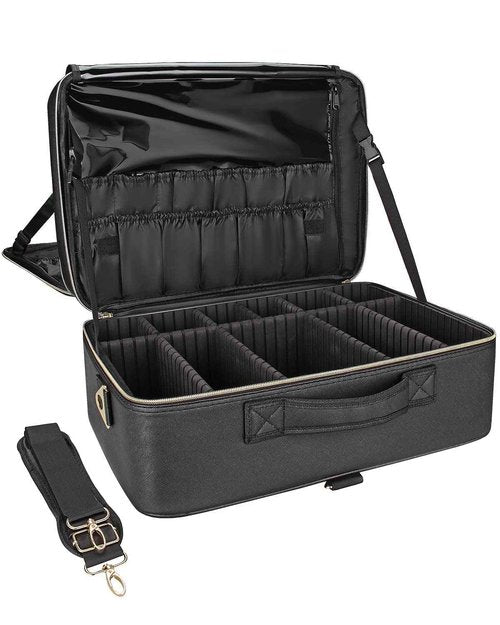 Relavel Extra Large Makeup Bag, Makeup Case Professional Makeup Artist Kit Train Case Travel Cosmetic Bag Brush Organizer, Waterproof Leather Material, with Adjustable Shoulder Straps and Dividers