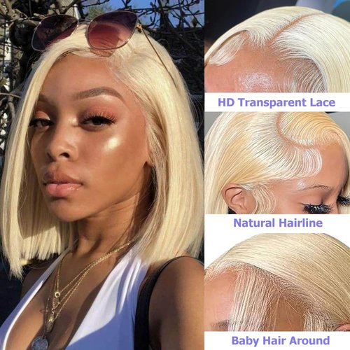 613 Blonde Bob Wig Human Hair 13x4 Lace Front Wigs Human Hair 180% Density Bob Wig Human Hair Blonde Pre Plucked With Baby Hair HD Frontal Lace Wigs for Women 16 inch