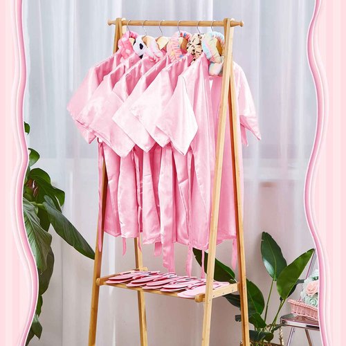 Xuhal 36 Pcs Spa Party Supplies for Girls 12 Kimono Robe V Neck Bathrobe 12 Soft Spa Headband 12 Disposable Foam Slippers small size(Size 8,Pink)