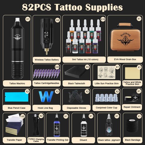 Black Tattoo Gun Machine Kit - Cordless Tattoo Gun Kits, Rotary Tattoo Pen Set with 2 Batteries, Tattoo Supplies Set with 20Pcs Needles for Beginners Artists (Black-82Pcs)