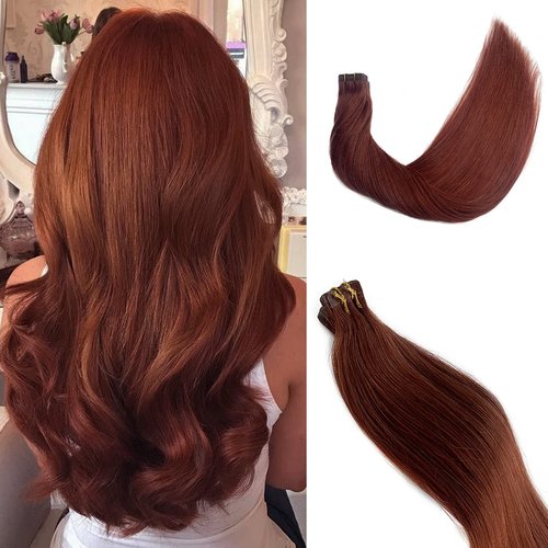 Dark Auburn Remy Tape in Hair Extensions Premium 100% Human Hair with Invisible Tape Attached Semi Permanent Hair Extensions 24Inch Silk Straight Human Hair Extensions 70grams for Girls/Women