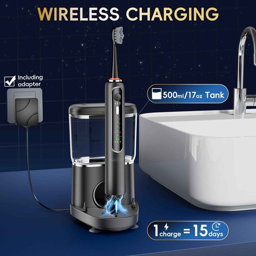OILSAO Electric Toothbrush with Water Flosser Combo in One, Professional Flossing Toothbrush for Teeth Cleaning and Flossing, Plaque Removal, Rechargeable, 5 Brush Modes & 3 Flossing Speeds, 500ML