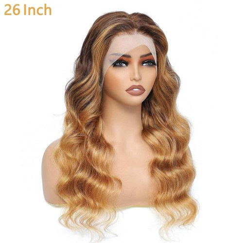 SUPER STYLE 30 Inch Honey Blonde Ombre 4/27 Lace Front Wigs Human Hair Body Wave Ombre Color 13x4 Lace Frontal Glueless Wigs Pre Plucked Bleached Knots for Black Women