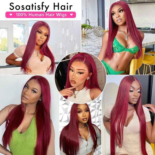 SOSATISFY 26 Inch 99J Burgundy Lace Front Wigs Human Hair 200 Density 13x4 HD Lace Front Wigs Straight Lace Wigs for Black Women Glueless Wig Pre Plucked Bleached Knots with Baby Hair