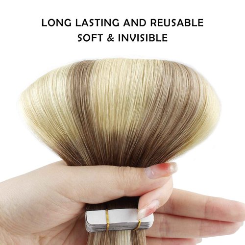 Sassina Tape in Hair Extensions Rooted Brown to Blonde 20 Inch Remy Human Hair 50 Gram Soft Invisible Seamless Skin Weft Human Hair 20 Pcs #R3/8-613