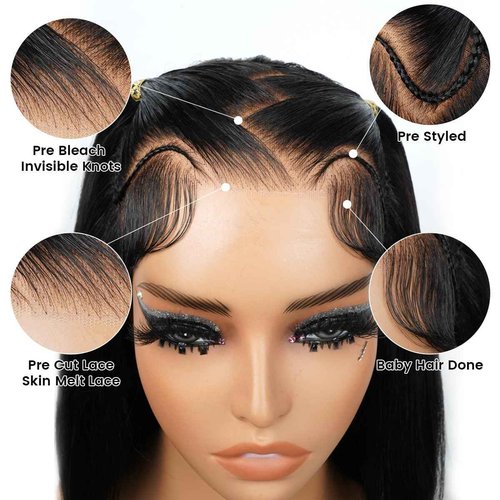 Ali Pearl Hair 180% Density Glueless Styled Short Bob Wig Straight Pre-Styled 13x4 Ready to Go Lace Frontal Wig Put On and Go Human Hair Wigs Pre Bleached Pre cut Pre Plucked 10 Inch