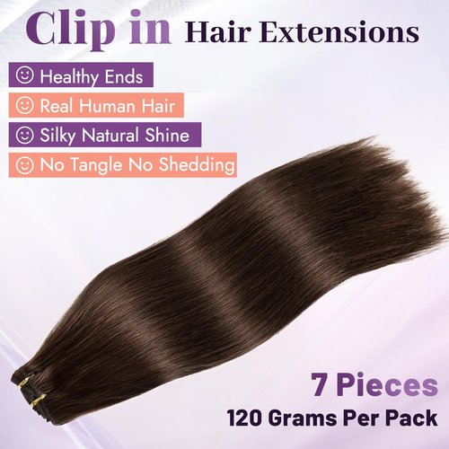 Starmo Clip in Extensions Real Human Hair Dark Brown Remy Lace Weft 18 Inch 7PCS 120g for Women