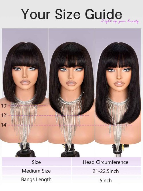 MURAME Bob Wig Human Hair 210% Density Bob Wig with Bangs 100% Human Hair Wigs for Black Women Pre-Bleached Glueless Straight Bob Wigs(12Inch,black bob wig)
