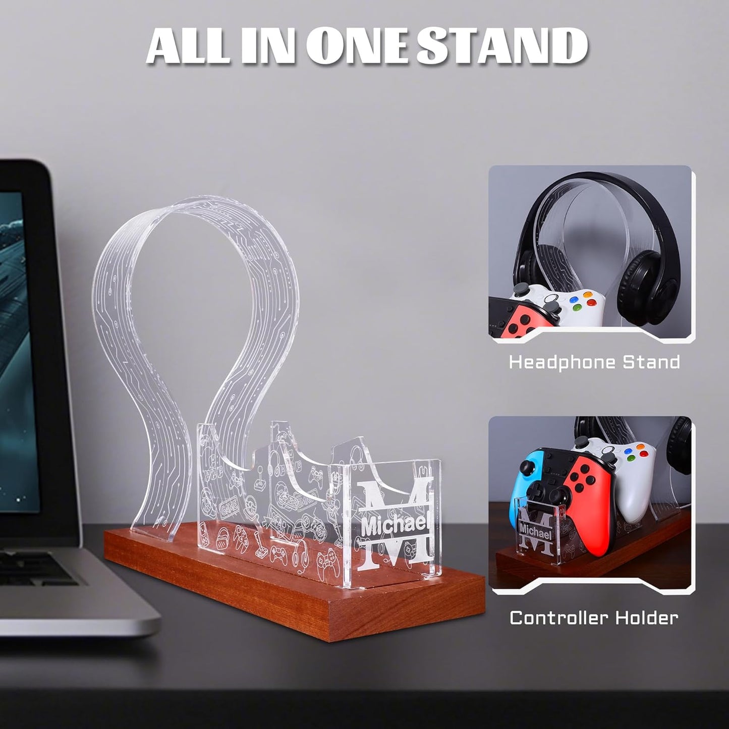 YuanDian Gamer Gifts for Teenage Boy, Desk Gaming Headset and Controller Stand with Blue Pink LED Night Light, Acrylic Wooden Controller Holder with PCB Pattern, Desk Decor Gift