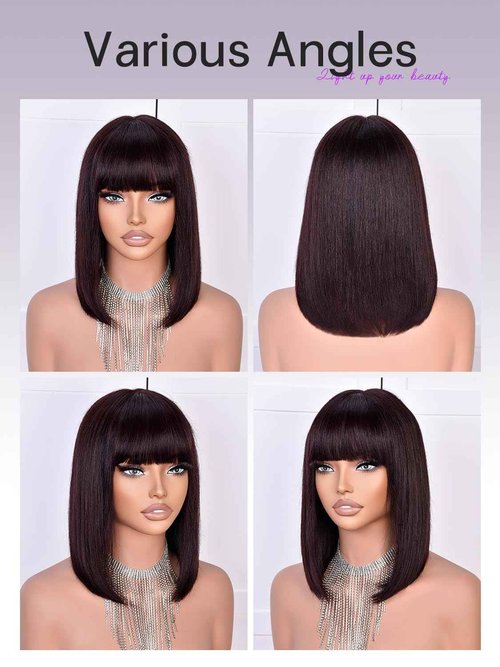 MURAME Bob Wig Human Hair 210% Density Bob Wig with Bangs 100% Human Hair Wigs for Black Women Pre-Bleached Glueless Straight Bob Wigs(12Inch)